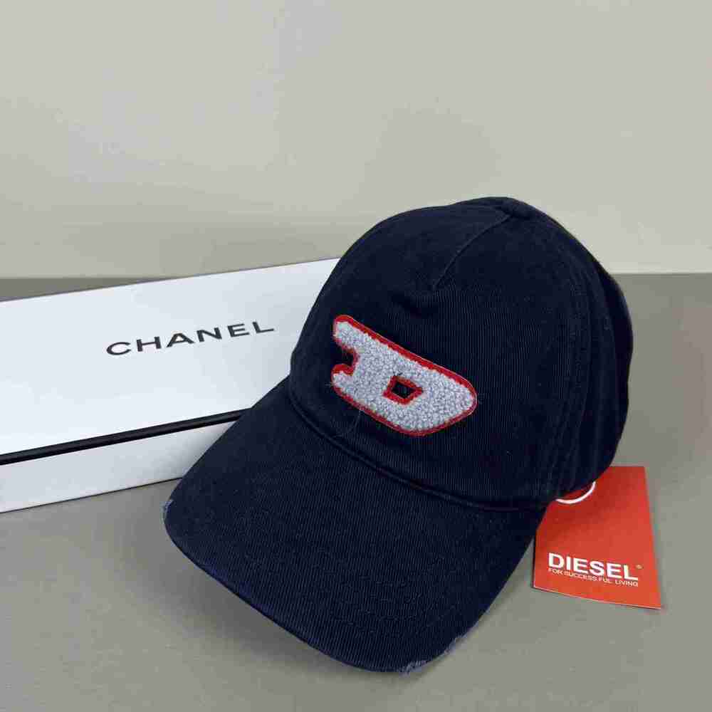 Diesel Navy Chenille D Logo Distressed Baseball Cap